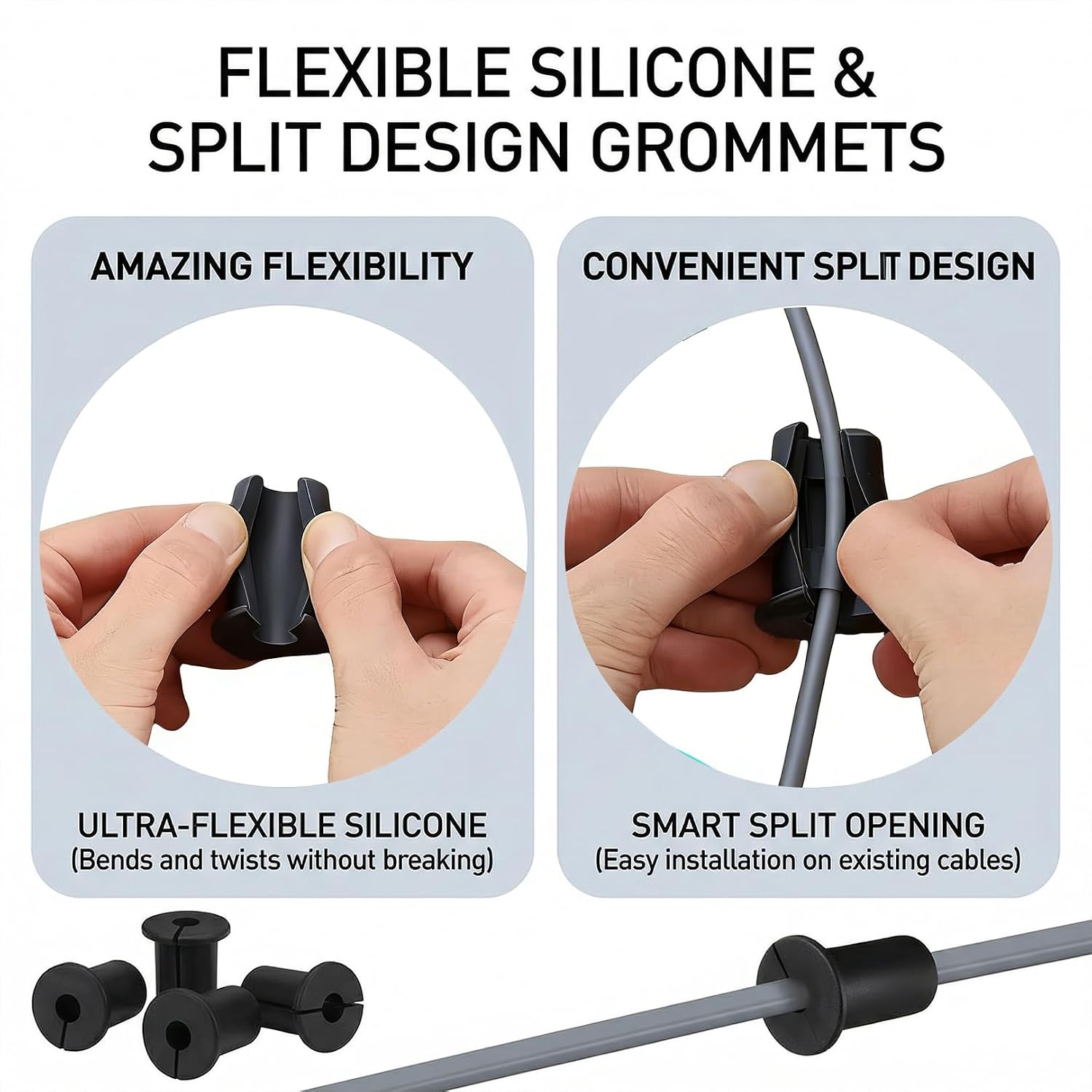 Premium 6 Pack Black Silicone Cable Grommets, Flexible Wire Bushing Set, Durable wall Pass Through for Cords, Perfect Routing Cord Hole Cover Accessories
