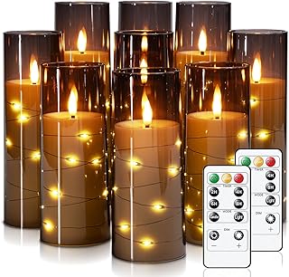 Raycare Flameless Candle with Remote Timer – 9 Flickering Acrylic Battery Operated LED Pillar Candles with Embedded Star String for Halloween, Fall Decor, Harvest Festival Gifts(Grey)