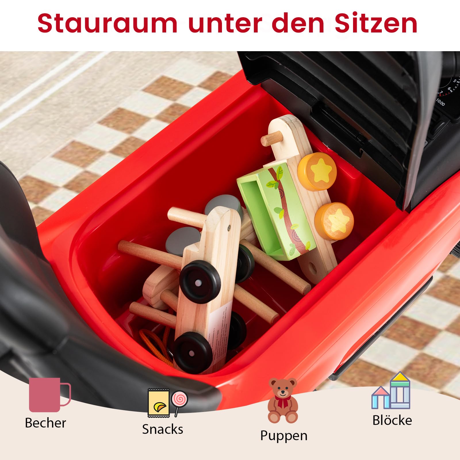 DREAMADE 3 in 1 Kinder Rutschauto, Schiebeauto mit abnehmbare Schiebestange, Kinderfahrzeug mit einziehbare Fußstütze, Kippschutz, Hupe, Stauraum, Rutschfahrzeug für Kinder ab 1 Jahr (Rot)