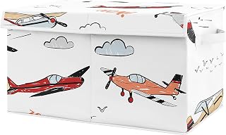 Sweet Jojo Designs Vintage Airplane Boy Small Fabric Toy Bin Storage Box Chest For Baby Nursery Kids Room - Grey Yellow Orange Red White Blue Airplanes Air Plane Transportation Clouds Sun Sky Aviator
