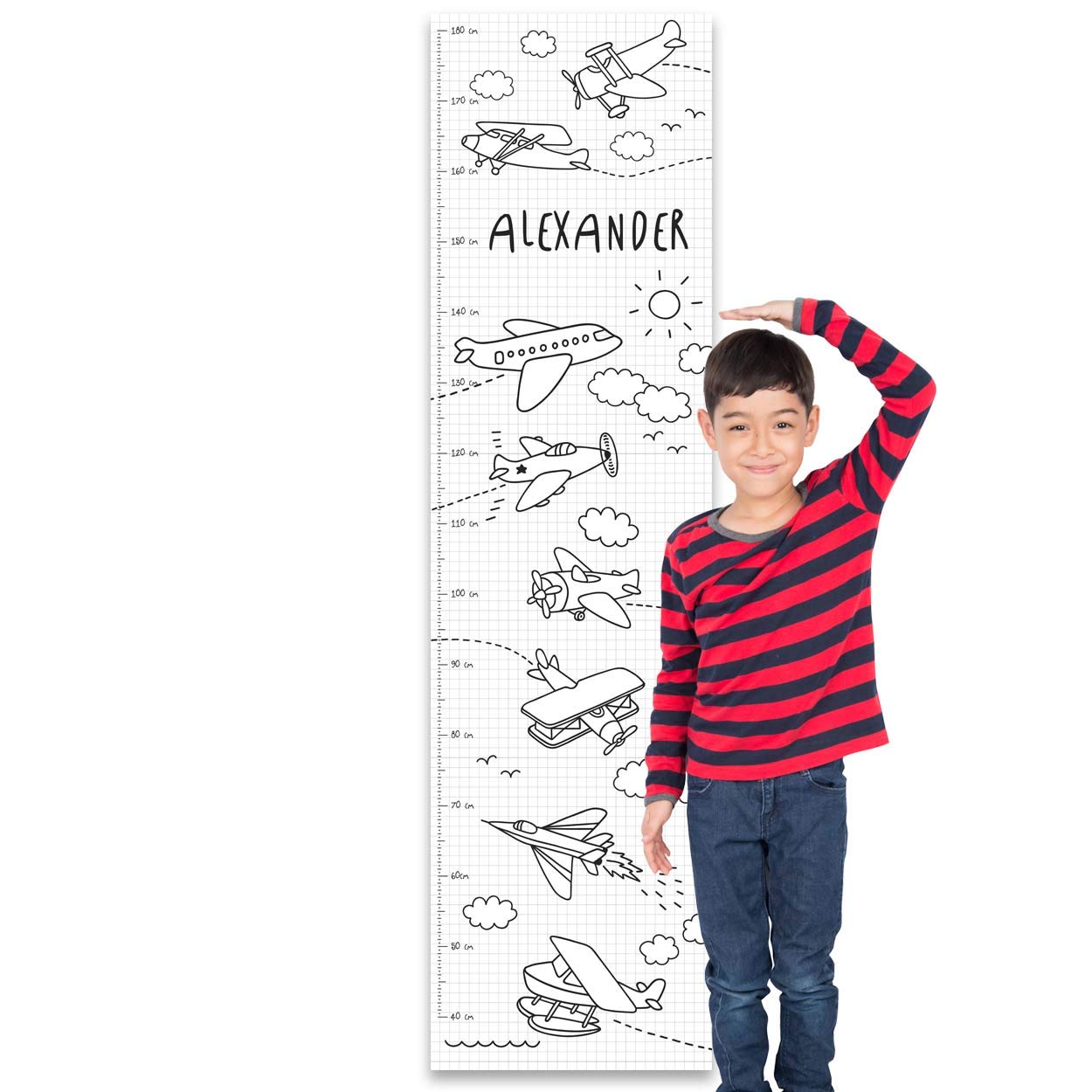 Paper Themes Personalised Height Chart - Black and White Aeroplanes