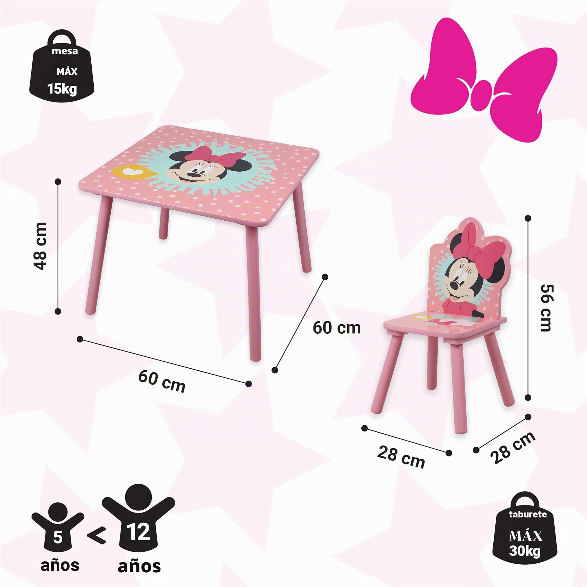 Disney Minnie Mouse Juego de mesa y sillas para 2, soporta hasta 30 kg por silla, óptimo para jugar y realizar actividades, tamaño pequeño, rosa