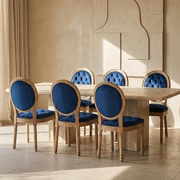 Vintage French Country Dining Chairs Set of 6, Velvet Tufted Dinning Chair with a Round Back, Blue Upholstered Dining Chair, Kitchen and Dining Room Chairs, Sillas para Comedor