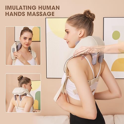 Miniatura 2 de Masajeador de cuello y hombros con calor, almohada de masaje de tejido profundo Shiatsu inalámbrico para aliviar el dolor, para cuello, espalda y