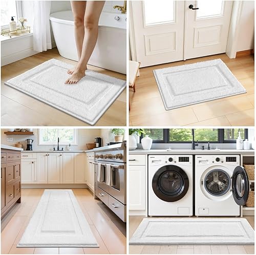 Miniatura 8 de SHACOS Juego de 2 alfombras de baño suaves y esponjosas de color blanco de 16 x 24 + 20 x 32 pulgadas, alfombras de baño antideslizantes y lavables