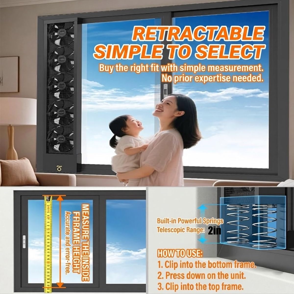 Ventilatore orizzontale da finestra per finestre scorrevoli, ventilazione a doppio flusso d'aria reversibile, estrattore retrattile senza attrezzi per camera da letto, bagno e cucina, bifacciale con