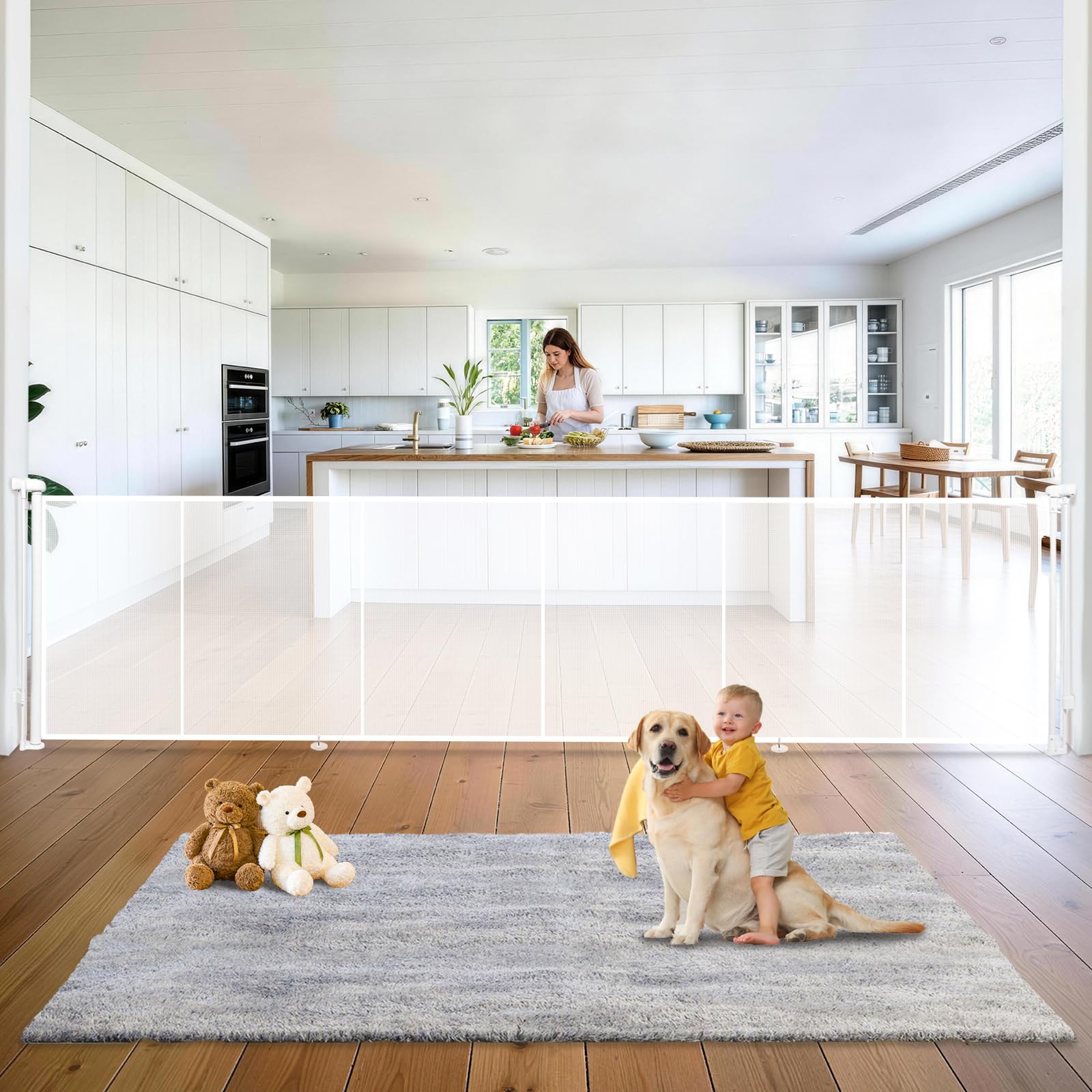 160" Retractable Baby Gates Dog Gate Extra Wide, 42" Tall Child Pet Safety Gate with Reinforced Strips for Stairs, Long Mesh Garage Gates Fence for Outdoor Indoor Large Openings Driveway Decks Patio