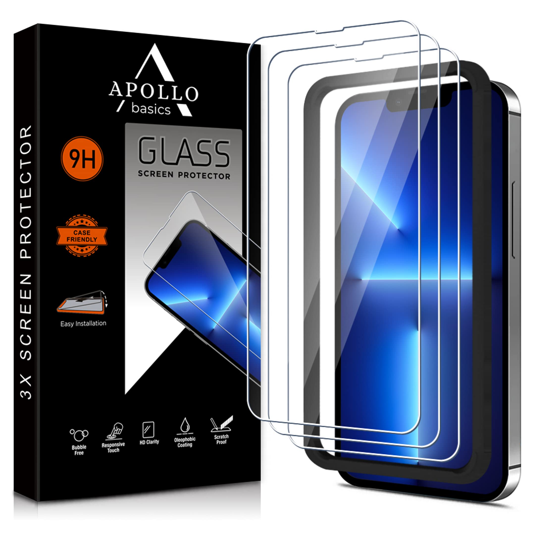 3 Pack Screen Protector for iPhone 13/13 Pro 2021 Face ID & Case Friendly 6.1 inch Tempered Glass 9H - HD Anti-Scratch Anti-Fingerprint (w/Alignment Tool Included)