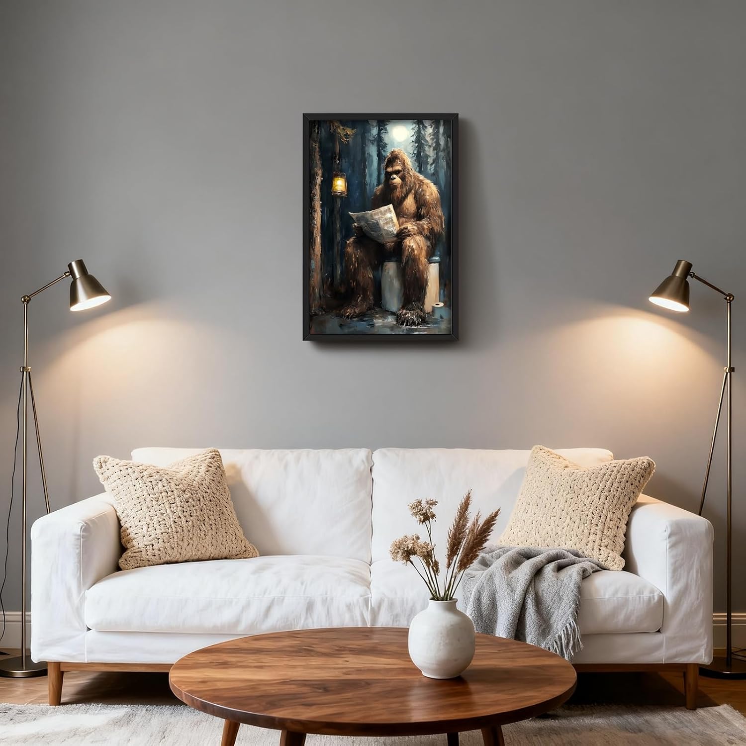 PMKXFGK Large Framed Funny Sasquatch Reading Newspaper Bathroom Wall Art Whimsical Rustic Bigfoot Poster Canvas Print Trees Forest Humor Animals Pictures Wall Decor for Toilet 24x36inch Black Frame