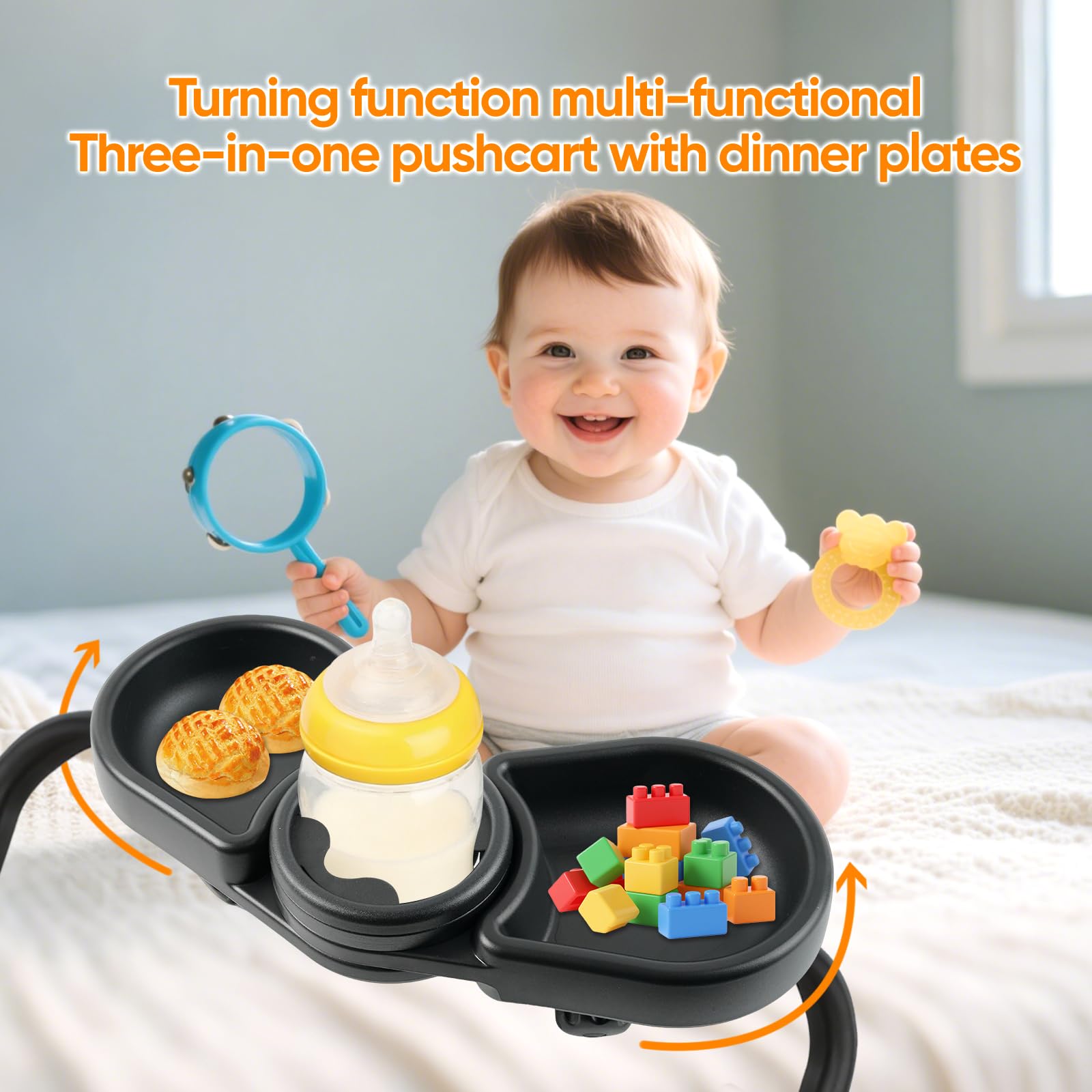 Plateau à goûter 3 en 1 pour poussette sans BPA avec porte-gobelets profonds, installation facile, s'adapte aux guidons incurvés vers l'intérieur