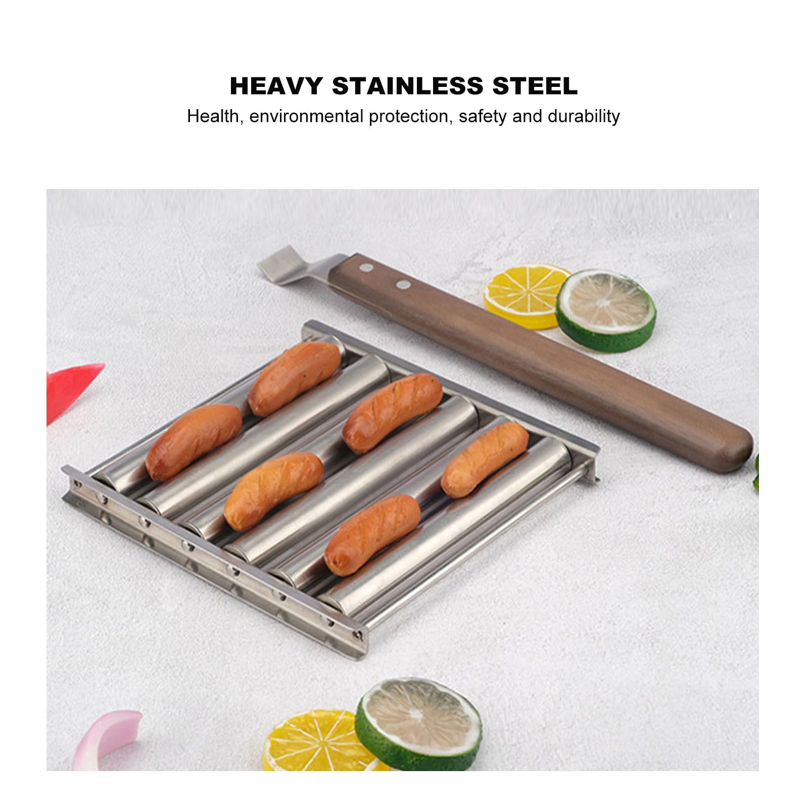 Fdit Hot-Dog-Roller für Mädchen, Abnehmbarer Hot-Dog-Wurstroller aus Edelstahl, Dampfgarer mit Extra Langem Holzgriff, BBQ-Hot-Dog-Roller für Gleichmäßiges Garen (L)