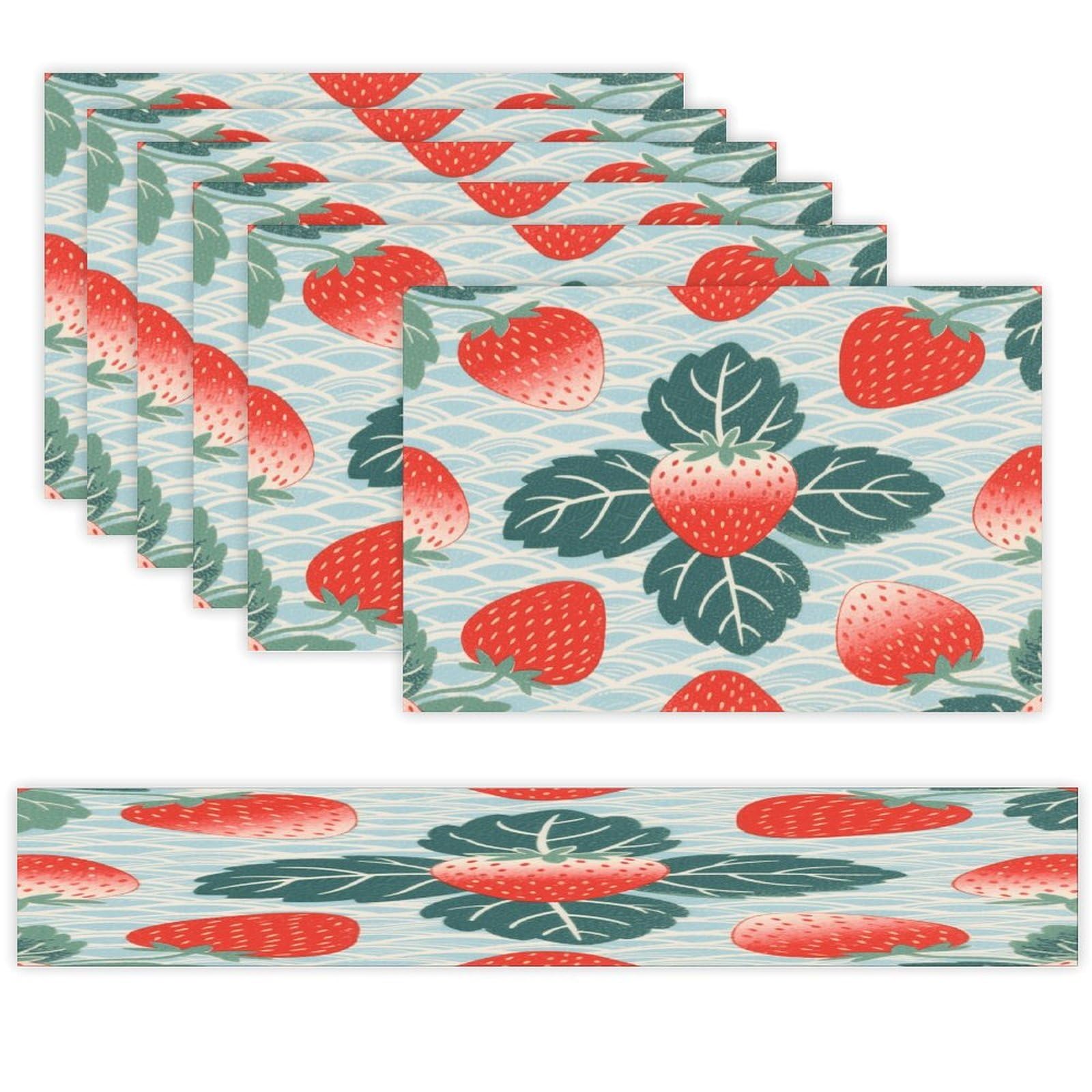 Strawberry Table Runner and Placemats Set of 7 Linen Table Mat Non-Slip Place Mats Washable Placemat Heat Resistant Place Mat with Table Runner for Party Dining Decor