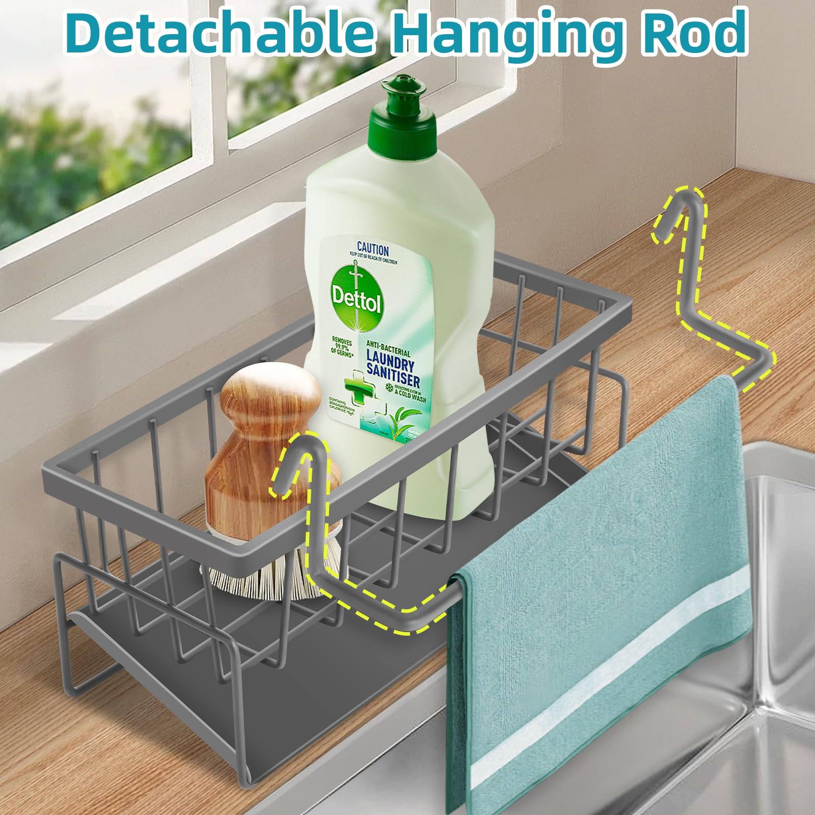 TOKPLNU Kitchen Sink Caddy Grey with Self Drain Tray & Dishcloth Hanger,Metal Sponge Holder for Kitchen Tidy Sink Organiser Washing Up Caddy Sinkware Organiser for Bathroom - Image 4