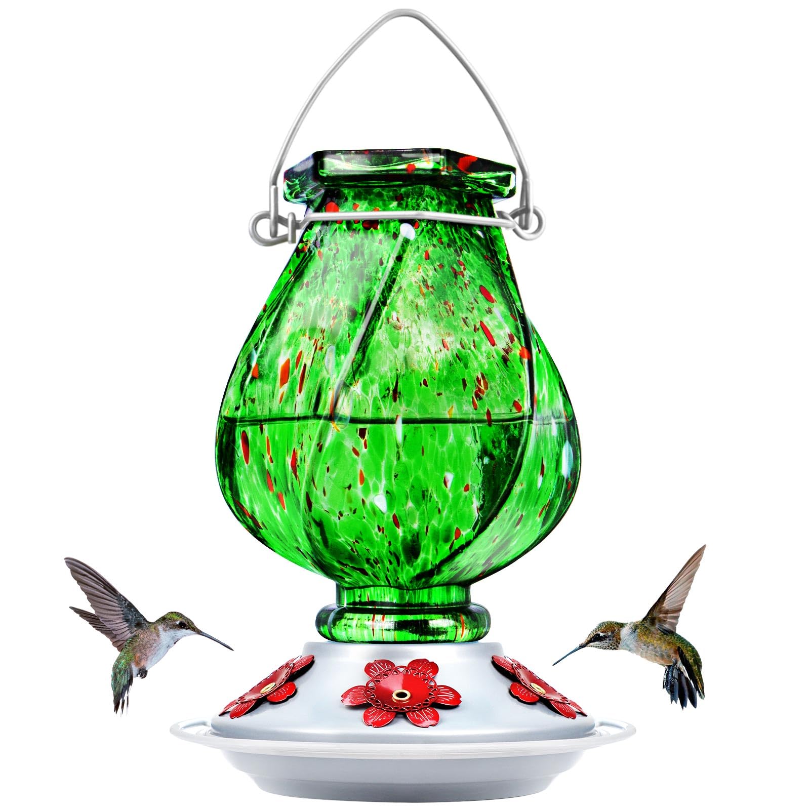 BOLITE Hummingbird Feeders for Outdoors, 18058G Glass Hummingbird Feeder, 5 Feeding Ports with Circular Perch, 22oz, Green