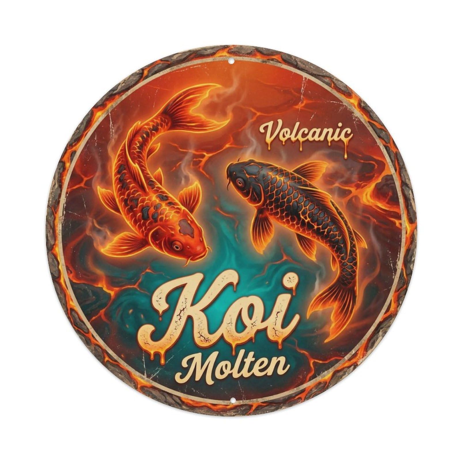 Koi Fish Volcanic Molten Lava Waters Fiery Hot Burning Metal Tin Sign