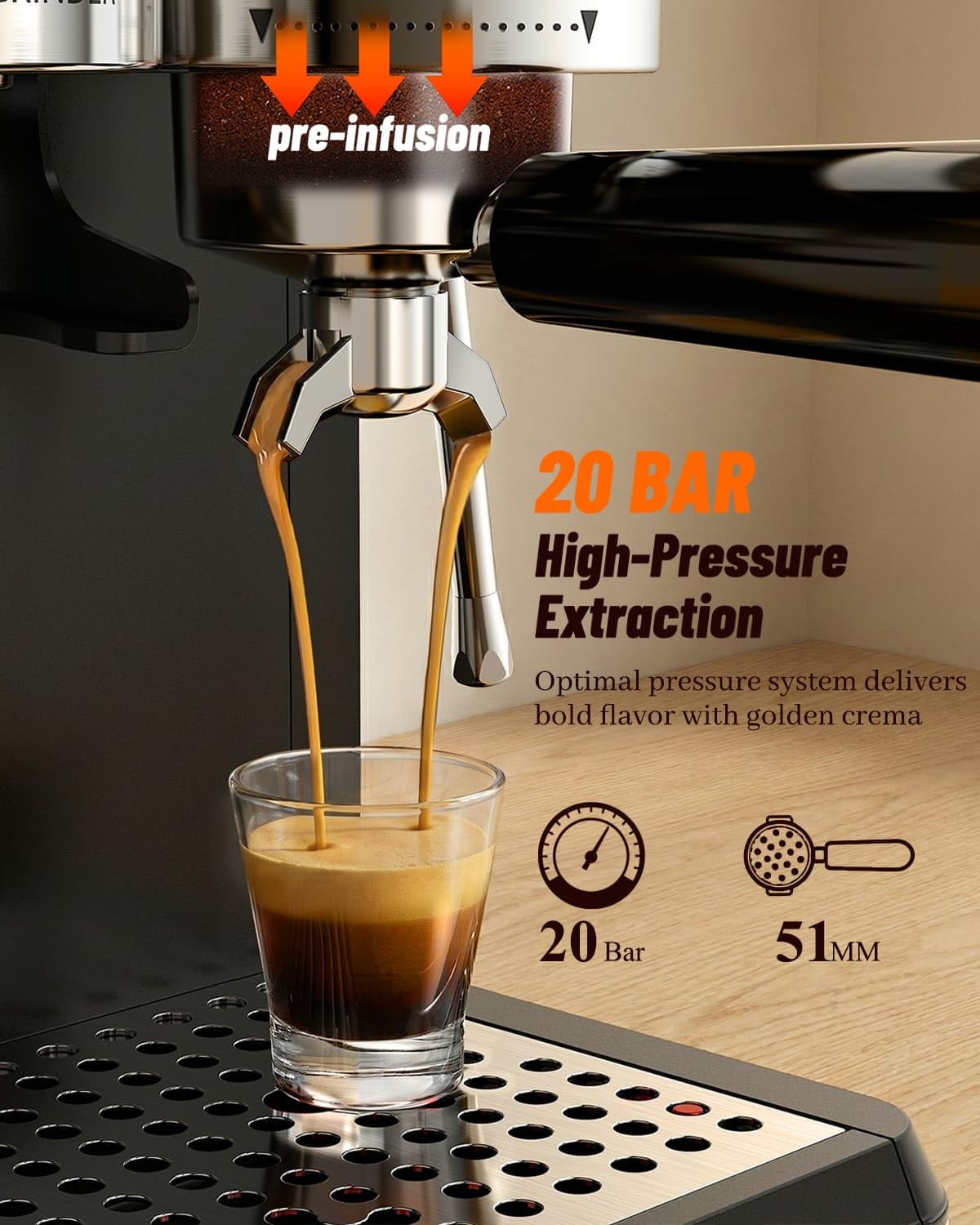 Máquina de café espresso con amoladora, cafetera compacta de 20 barras con espumador de leche, máquina de café profesional para el hogar, control táctil, capuchino y cafetera con leche