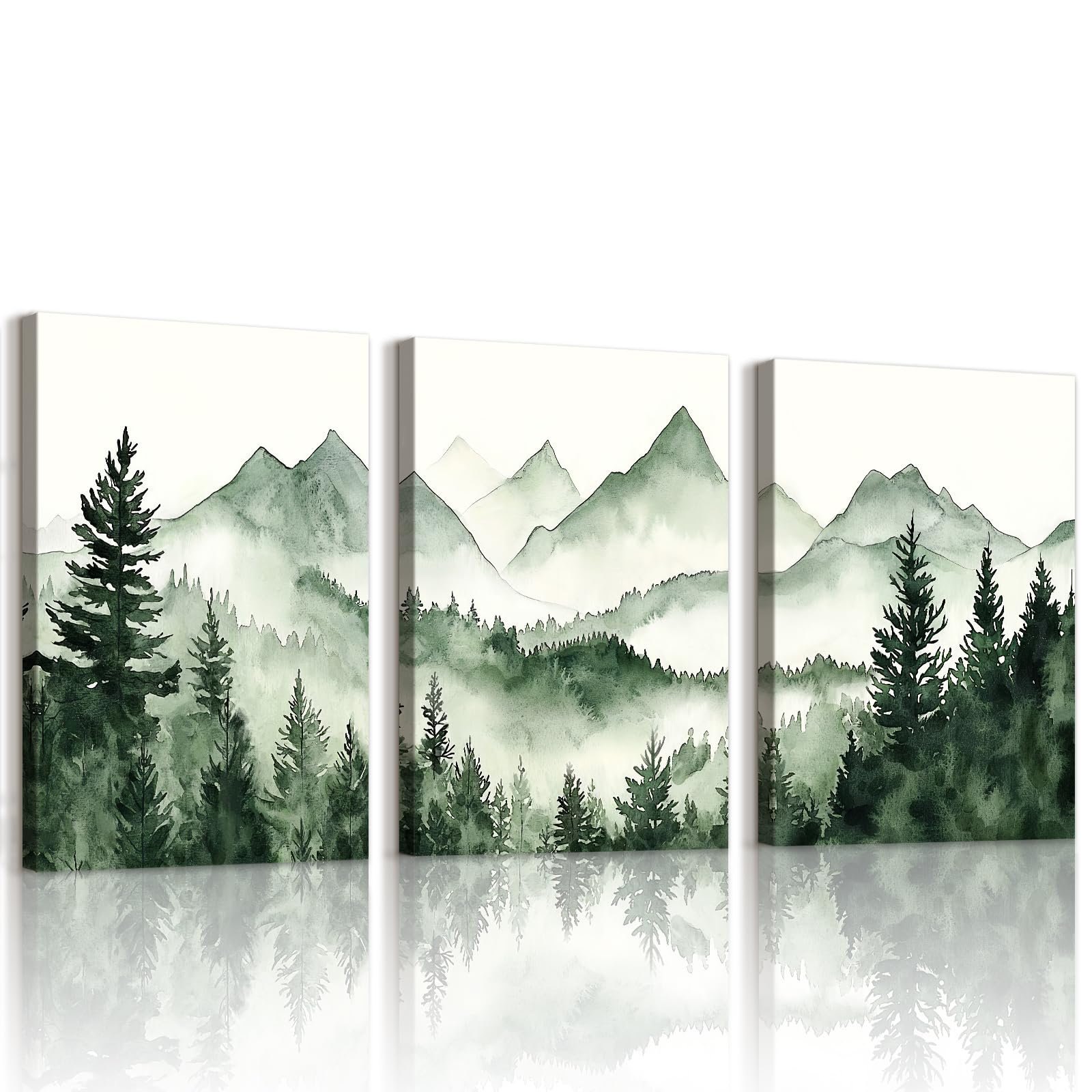 WENGTIAO 3 Stück Aquarell Berg Wald Leinwand Bilder Kunstdrucke Gerahmtes Bild Natur Landschaft Neblige Baum Berg Wandbilder auf Leinwand für Modern Wohnzimmer Schlafzimmer Wanddeko 40x60cmx3