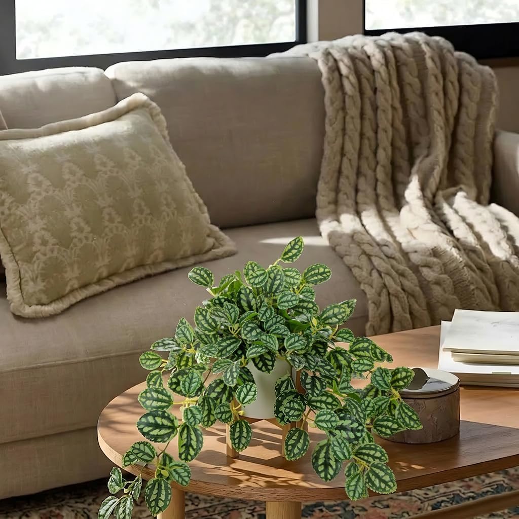 GnFlus Fake Hanging Plants in Ceramic Pot with Wooden Stands,Artificial Ivy Leaves Plant Faux Greenery Vine Plants for Home Bedroom Office Table Shef Desk Indoor Outdoor Decor Green