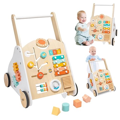 Miniatura 5 de Andador de madera para bebés, andador de empuje con caja de música, juguete de empuje para niños pequeños con velocidad ajustable, caminador de