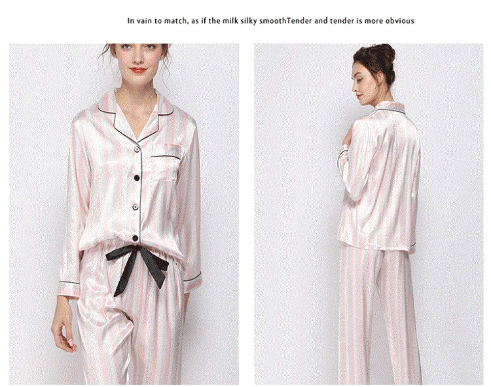 Pijamas De Mujer,Pijamas De Satén De Seda Sexy Con Cuello En V Rayas Rosas Manga Larga Con Botones Ropa De Dormir Ropa De Dormir Conjuntos De Pijamas Finos Y Suaves Ropa De Hogar Informal,Rosa,S