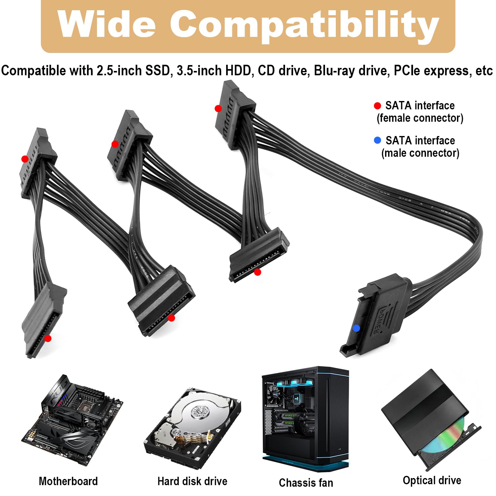 Yinettech - 2 Cavi Di Prolunga Di Alientazione SATA 15 Pin Aschio A - Foto 2