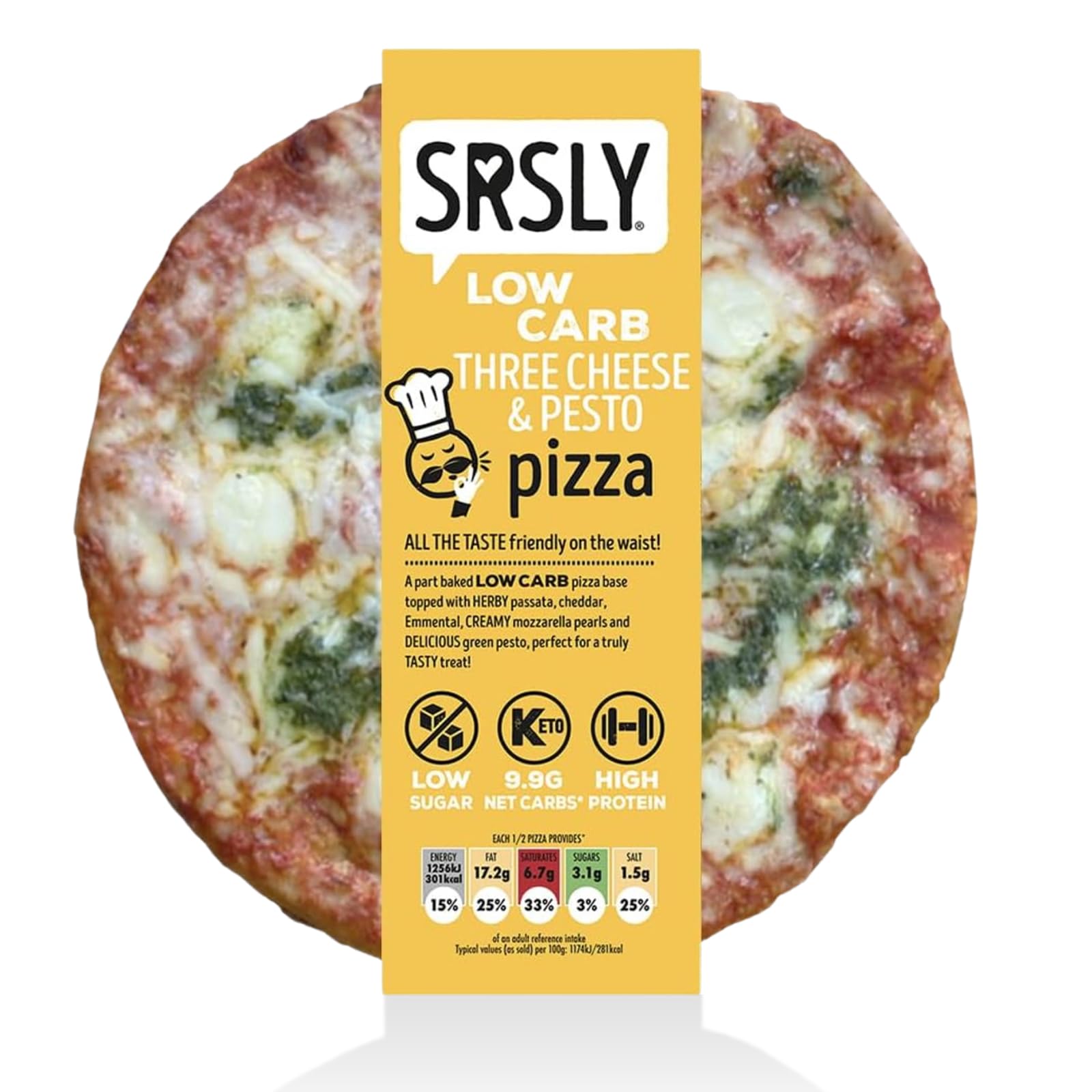 SRSLY Low Carb Three Cheese & Pesto Keto Pizzas - 9 Inch - Multipack of 9 - Low Carb Low Sugar High Protein Pizza with Crispy Base and Full Flavour Toppings for Healthy Filling Keto Friendly Meals