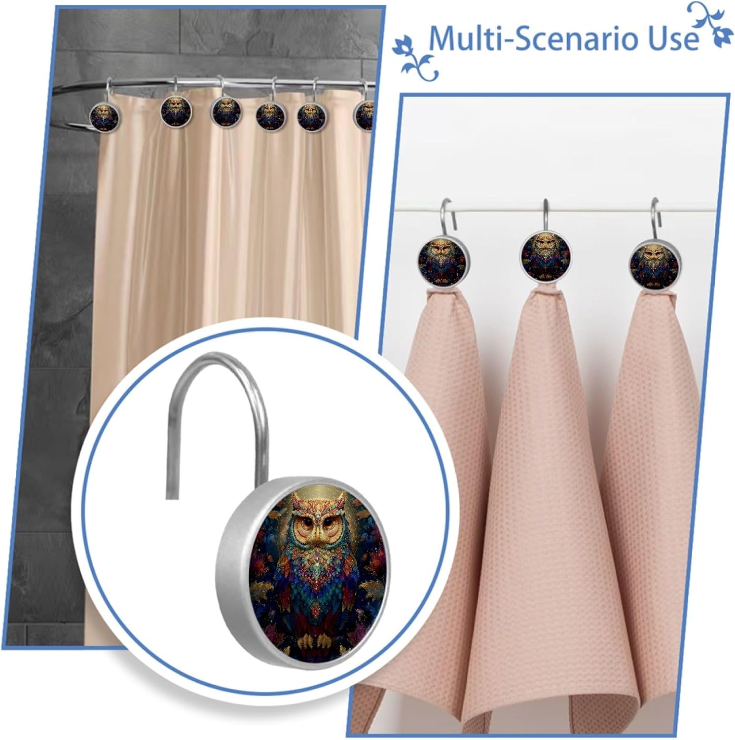 12 Packs Colorful Owl and Leaves Shower Curtain Hooks, Stainless Steel Glass Shower Curtain Rings for Bathroom Decor, Metal Rustproof Curtain Rod Hooks