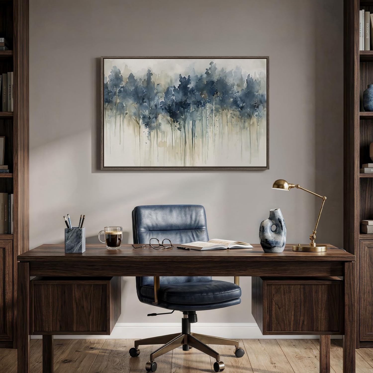 Framed Blue Abstract Forest Wall Art, Horizontal Watercolor Canvas Artwork for Walls, Modern Picture Print Wall Decor, Abstract Landscape Artwork for Living Room Bedroom Office Dining Room, 24x36 Inch