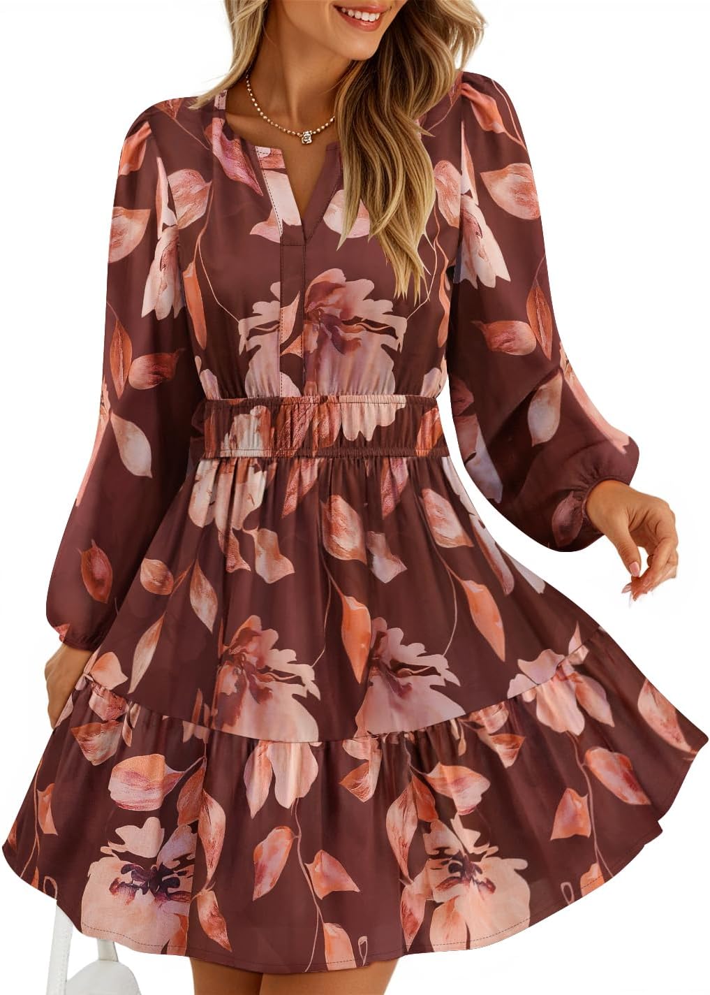 ZESICA Womens Spring Long Sleeve Floral Mini Dress 2026 Summer Boho V Neck A-Line Flowy Dresses Beach Vacation Clothes