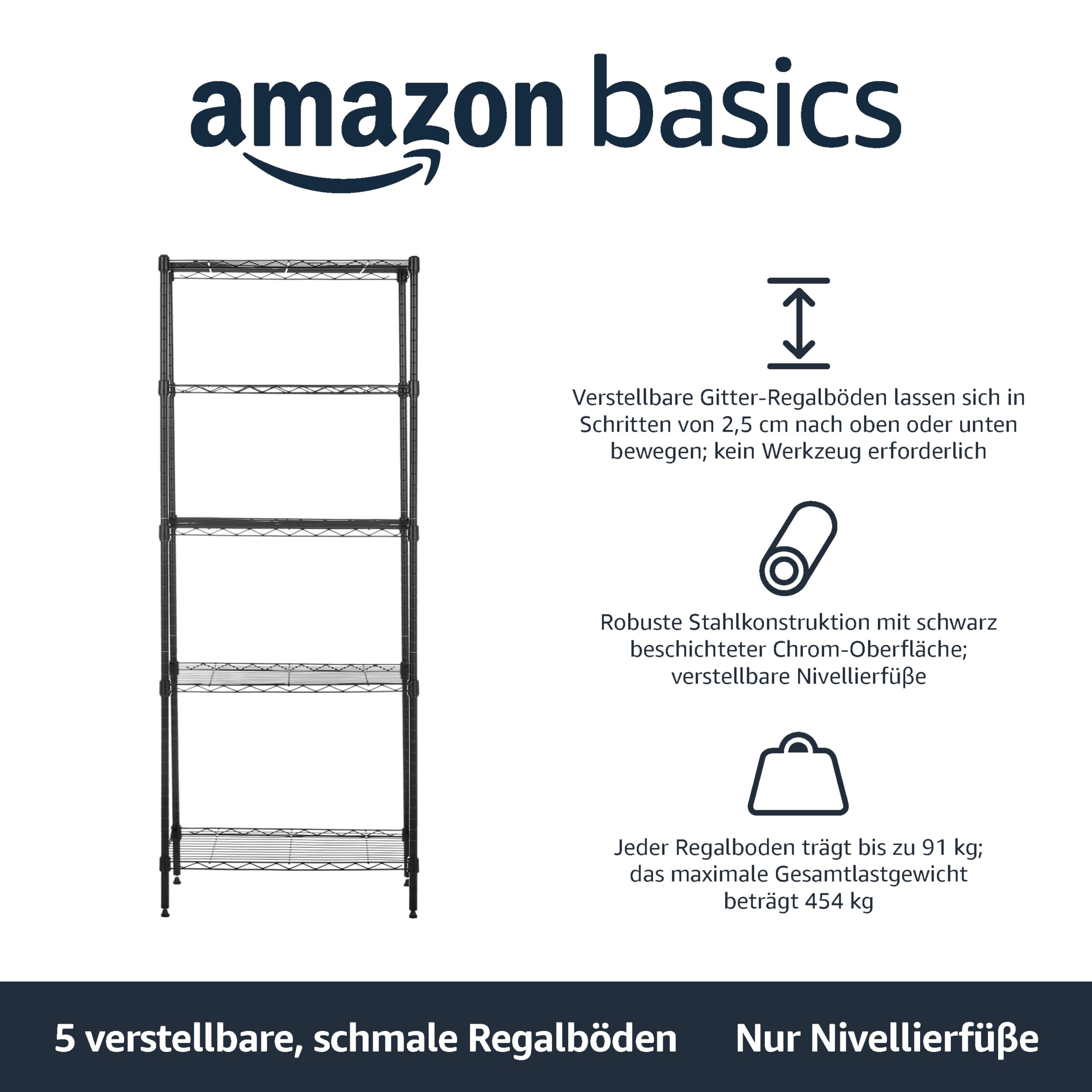 Amazon Basics schmaler Aufbewahrungsschrank mit 5 Regalböden, höhenverstellbaren Einlegeböden und Nivellierfüßen, Schwarz, 60.1 x 35.6 x 152.4 cm, ohne Rollen