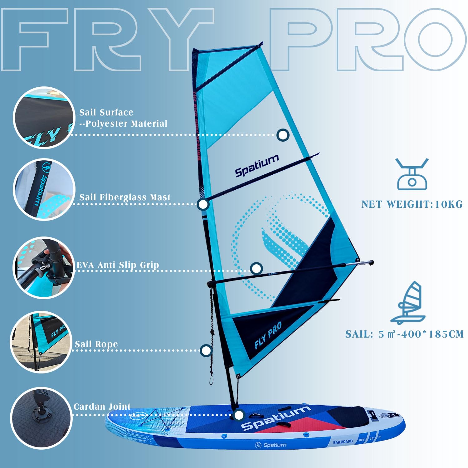 Windsurfing Sail and Surfboard SUP Windsurf Inflatable Paddle Board with Sail?5m² 400 * 185cm Professional Inflatable Windsurfer Board and Sail- Blue Color