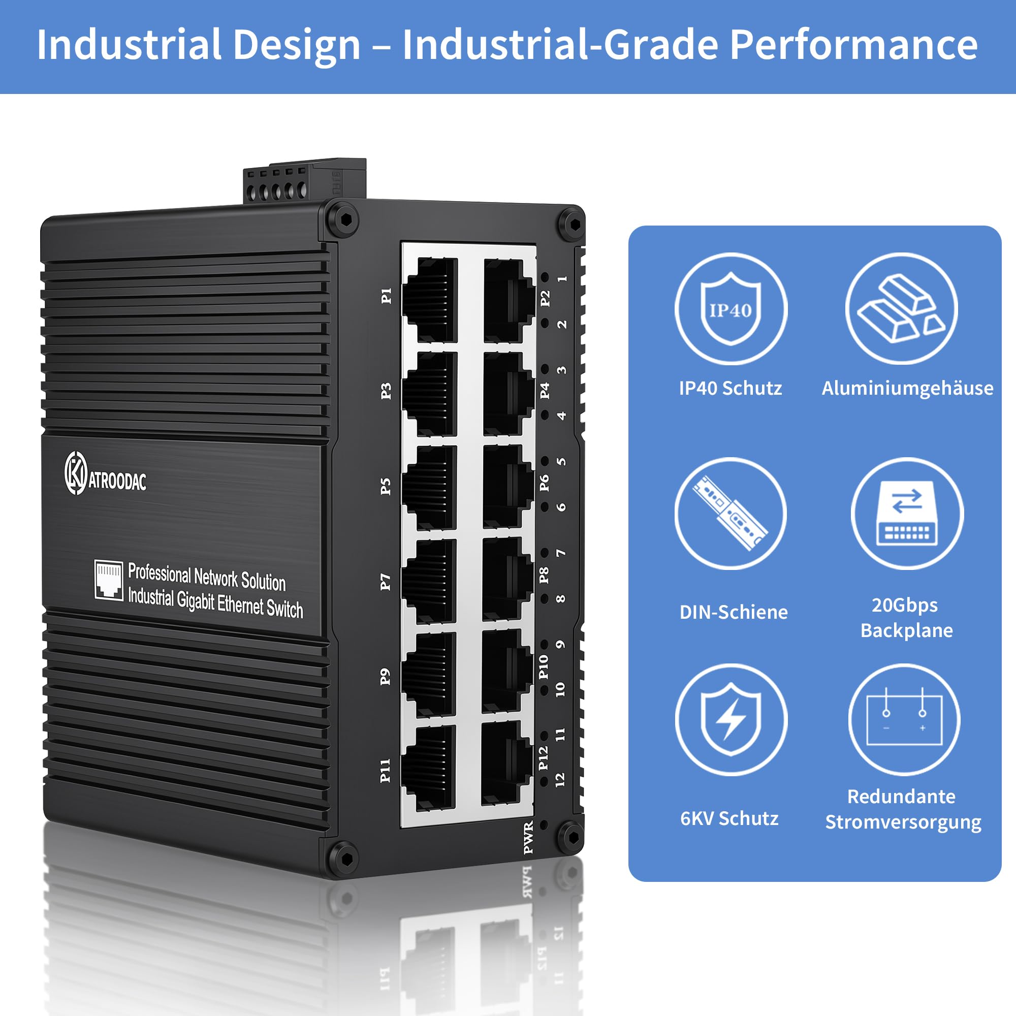 12-Port Gigabit Industrie DIN-Schiene & Wandmontage Ethernet Switch, 20Gbit/s Switching-Kapazität, 10/100/1000Mbps, Redundanz 9-56VDC, -40°C ~ 75°C, Unmanaged IP40, Metallgehäuse