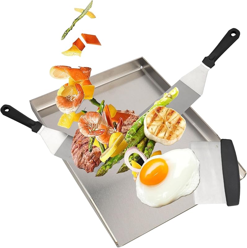 GriHero Rozsdamentes grill lap 40x30 cm 4 mm vastag univerzális plancha grill lapáttal és kaparóval gáz és faszenes grillhez