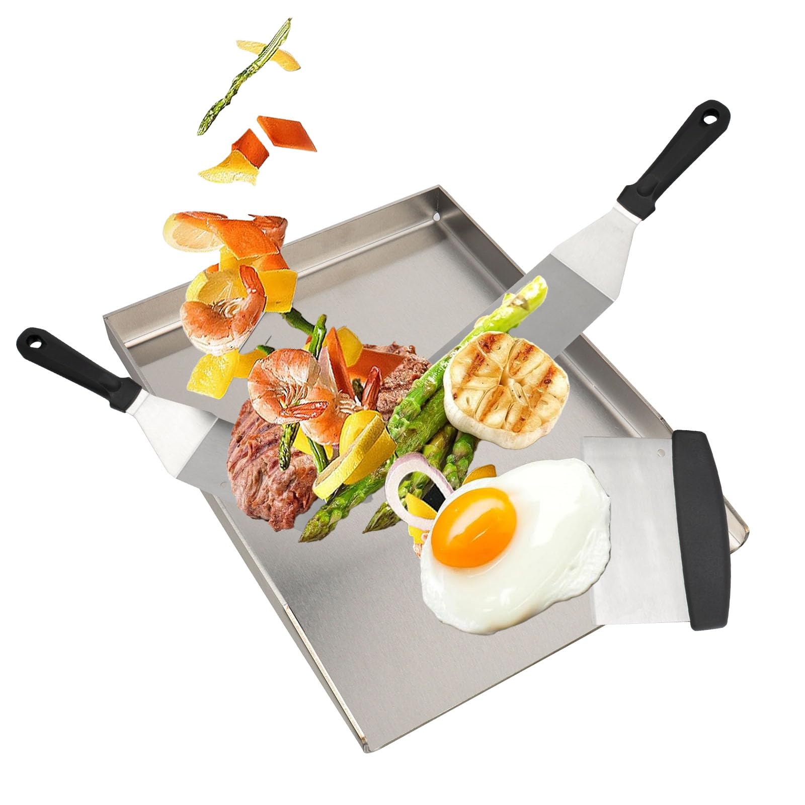 Piastra per griglia in acciaio inox da 40 x 30 cm, con spatola e raschietto | Piastra universale spessa 4 mm per barbecue a gas e a carbonella