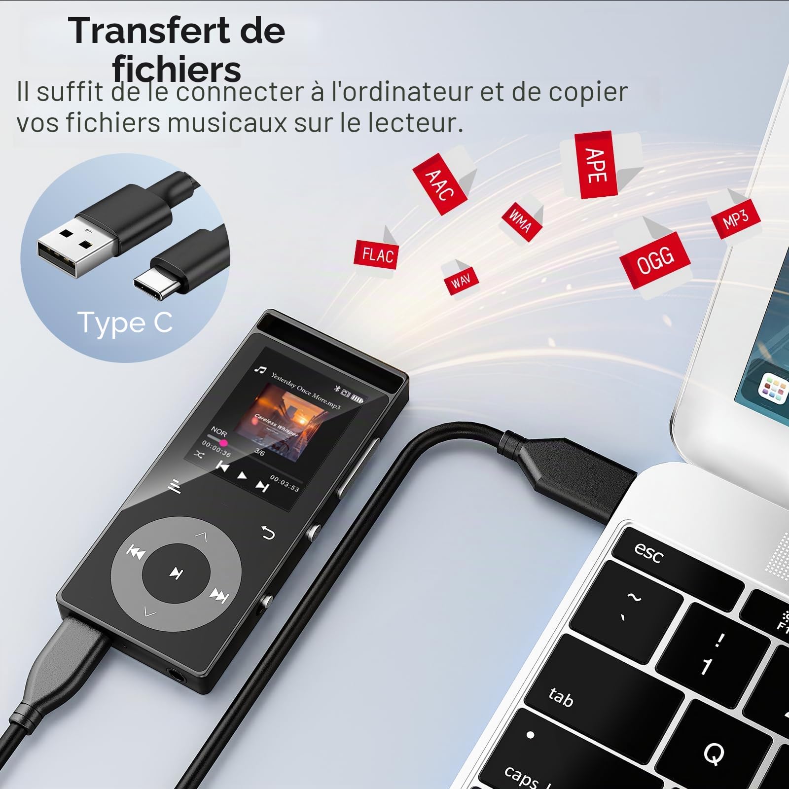 Lecteur Mp3 Bluetooth 5.3 Son HiFi, Boutons Tactiques, Structure Métall, Écran Couleur, Extension 128Go, Écouteurs Inclus Noir
