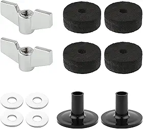 12 peças de acessórios de substituição para pratos, acessórios de bateria, manga de prato preto e feltro com porcas de asa de base, feltros, chimbal, lavadora de pratos de feltro de embreagem