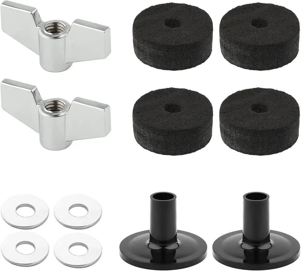 12 peças de acessórios de substituição para pratos, acessórios de bateria, manga de prato preto e feltro com porcas de asa de base, feltros, chimbal, lavadora de pratos de feltro de embreagem