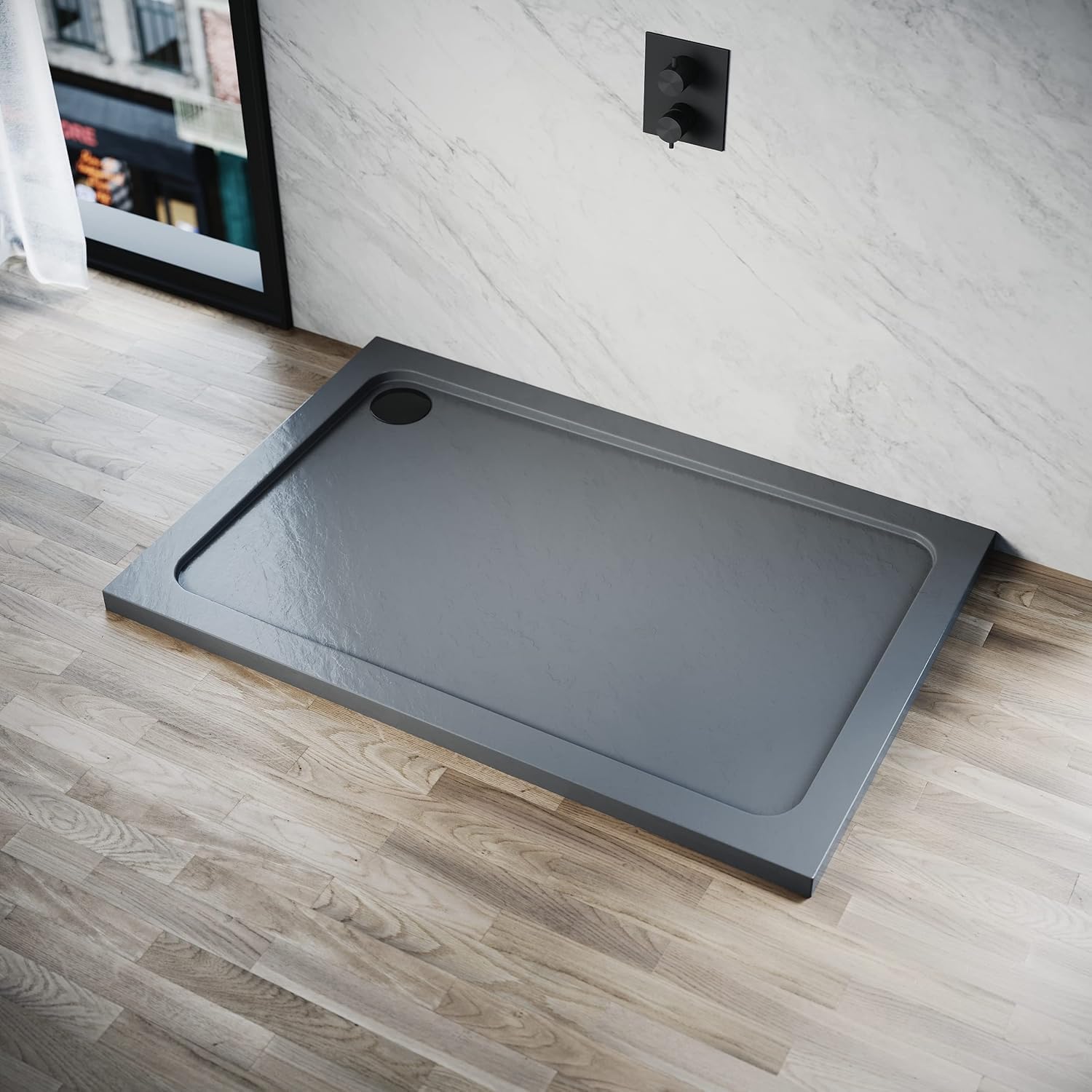 ELEGANT Grey Stone Shower Tray for Shower Enclosure Cubicle and Shower Door + Waste Trap 1200 x 800 x 40mm — image 1