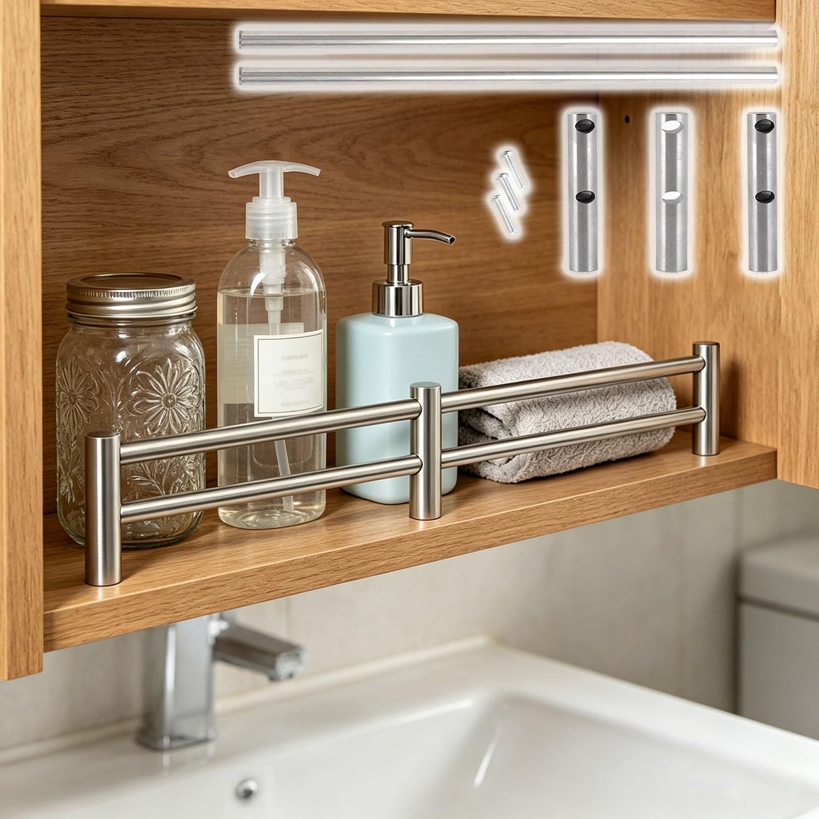 Cabinet Decorative Guardrail Bar Set, Stainless Steel Shelf Edge Protector for Store Displays, Minimalist Tipping Barrier Rod(Silver,46in/117cm)
