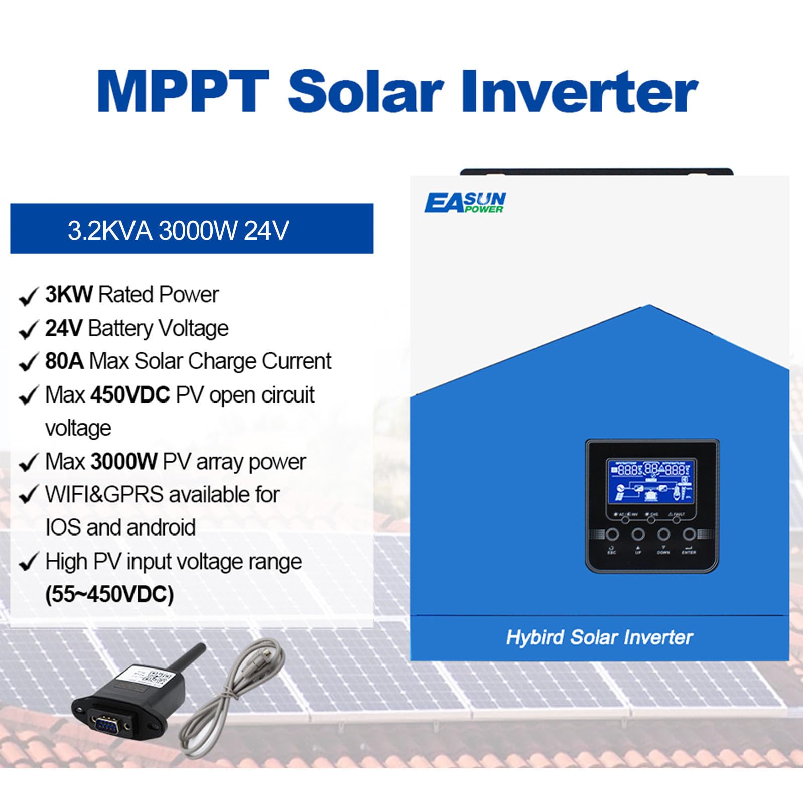 POWLAND Inverter solare ibrido da 3000W 24VDC a 220 V/230 VAC con modulo WiFi, onda pura Inverter indipendente da rete, Ingresso FV 55-430V, funzionamento con batterie al piombo da 24V e al litio
