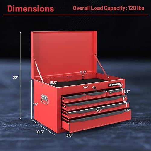 Miniatura 6 de Goplus Caja de herramientas, baúl de herramientas de acero de 24 pulgadas con 6 cajones, bandeja superior para herramientas, bloqueo automático,