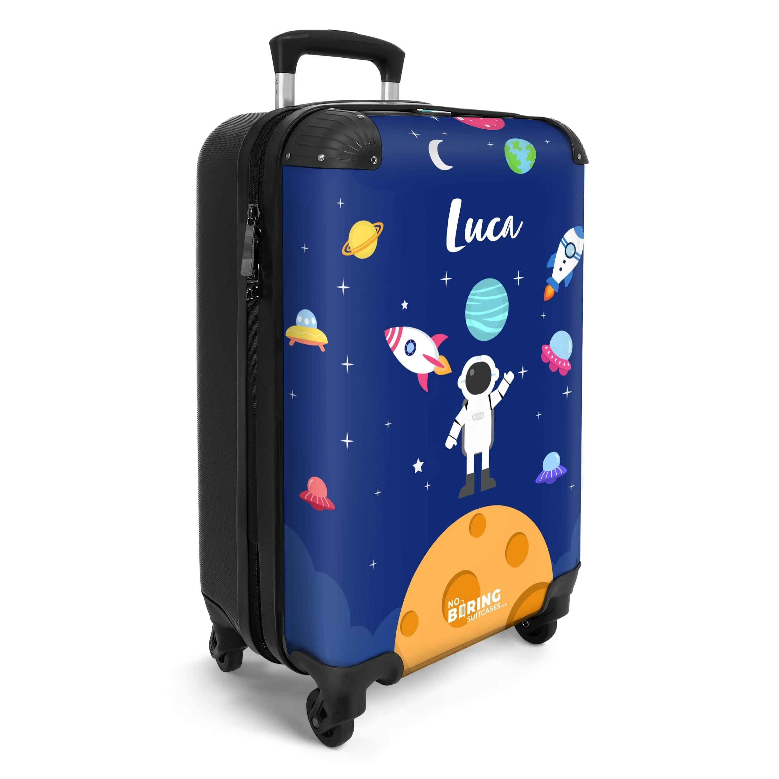NoBoringSuitcases.com Kinderkoffer, Reisekoffer Personalisiert, Kinderkoffer Jung, Kindertrolley, Handgepäck 55x40x20 cm (Astronaut - Dunkelblau)