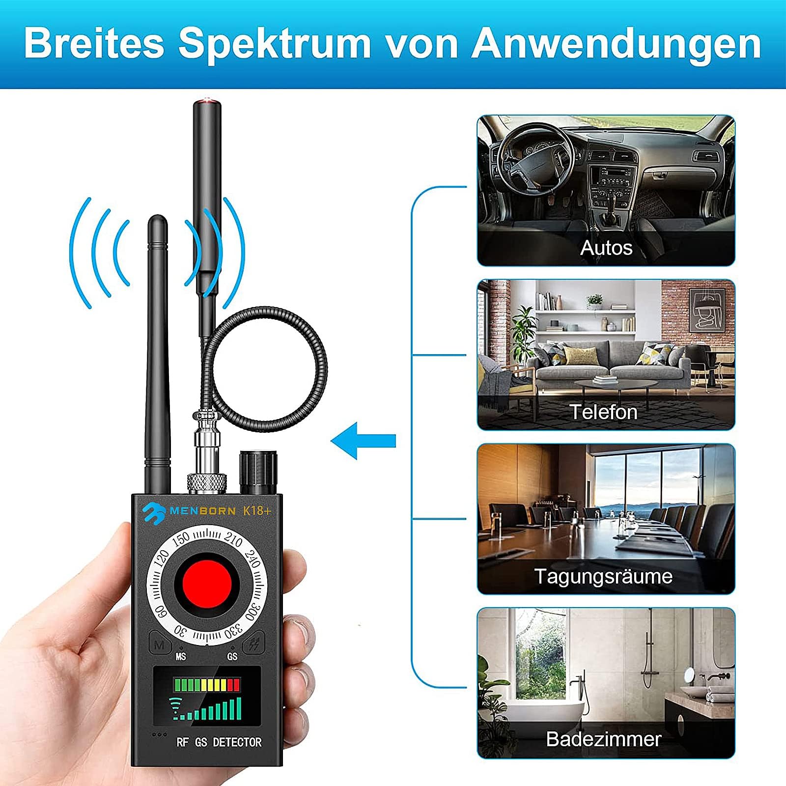 Menborn Wanzen Detektor, Hidden Camera Detector, GPS Spy Finder, Versteckte Kamera Detektor für GSM Tracker Abhörgeräte, Funkkameras Wanzenfinder | GPS-Tracker, HF-Signalscanner, magnetische Erkennung, einstellbare Empfindlichkeit, Hotel und Auto