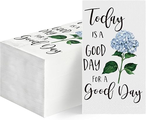 Horaldaily 50 Disposable Paper Decorative Guest Napkins, Blue Hydrangea Good Day Celebration Hand Towel for Party Lunch Dinner Kitchen Bathroom