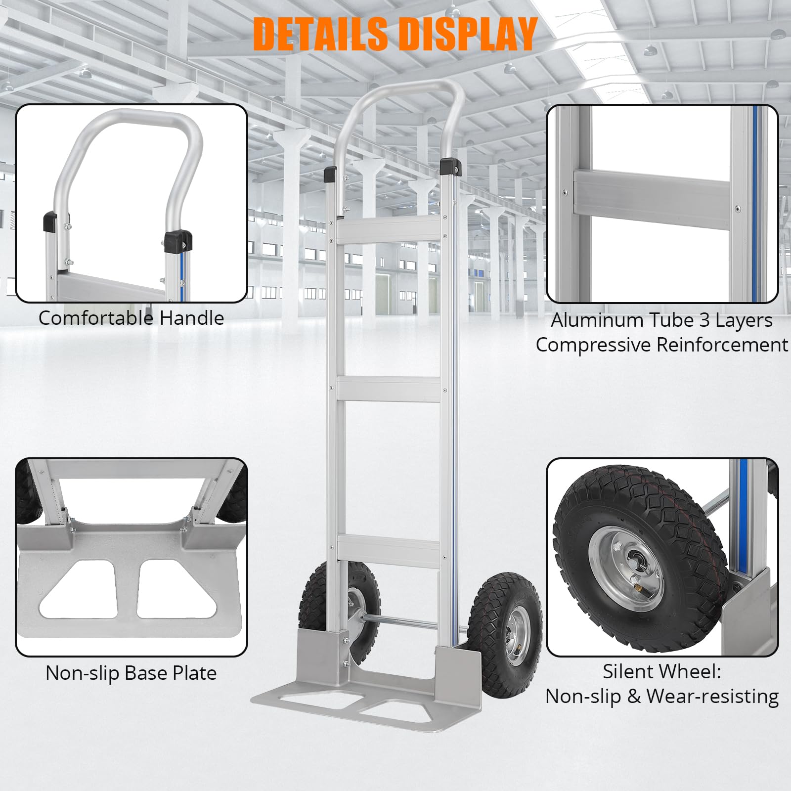 Garvee Carretilla de mano de aluminio resistente, capacidad de 205 kg con mango horizontal y ruedas de goma de 25 cm, carrito plegable ligero para mudanzas, tiendas, hogar y jardín