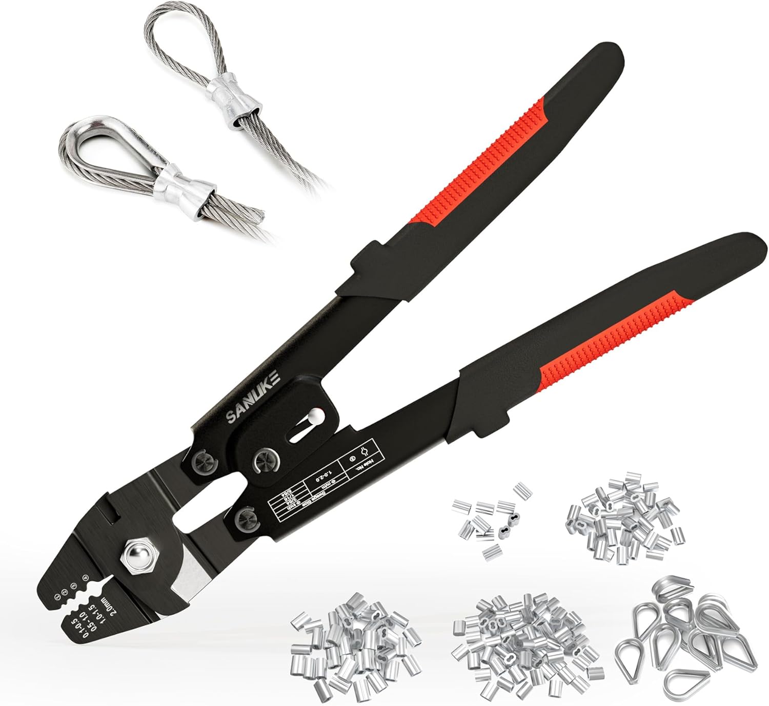 Sanuke Wire Rope Crimping Tool Kit for Aluminum Crimping Loop Sleeves up to 2.0mm, Swager Tool for 3/64 1/16 5/64 inch Stainless Steel Cable Crimper, with 140pcs Sleeves and 10pcs Thimbles