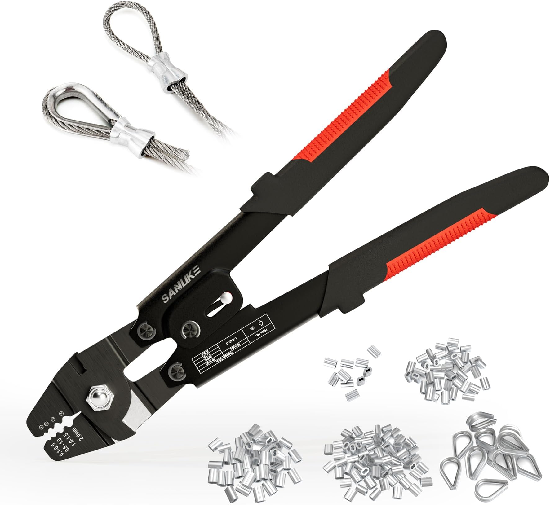 Sanuke Wire Rope Crimping Tool Kit for Aluminum Crimping Loop Sleeves up to 2.0mm, Swager Tool for 3/64 1/16 5/64 inch Stainless Steel Cable Crimper, with 140pcs Sleeves and 10pcs Thimbles