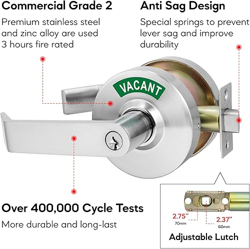 Miniatura 34 de VIZILOK Cerradura de puerta comercial para privacidad del baño, indicador ocupado vacante de alta resistencia en cromo satinado, grado ANSi 2