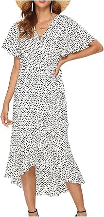 Dozw Summer Beach Maxi Dress for Women - Floral Print Boho Long Chiffon Dress with Ruffles, Wrap Casual V-Neck, and Split Sexy Party Dress