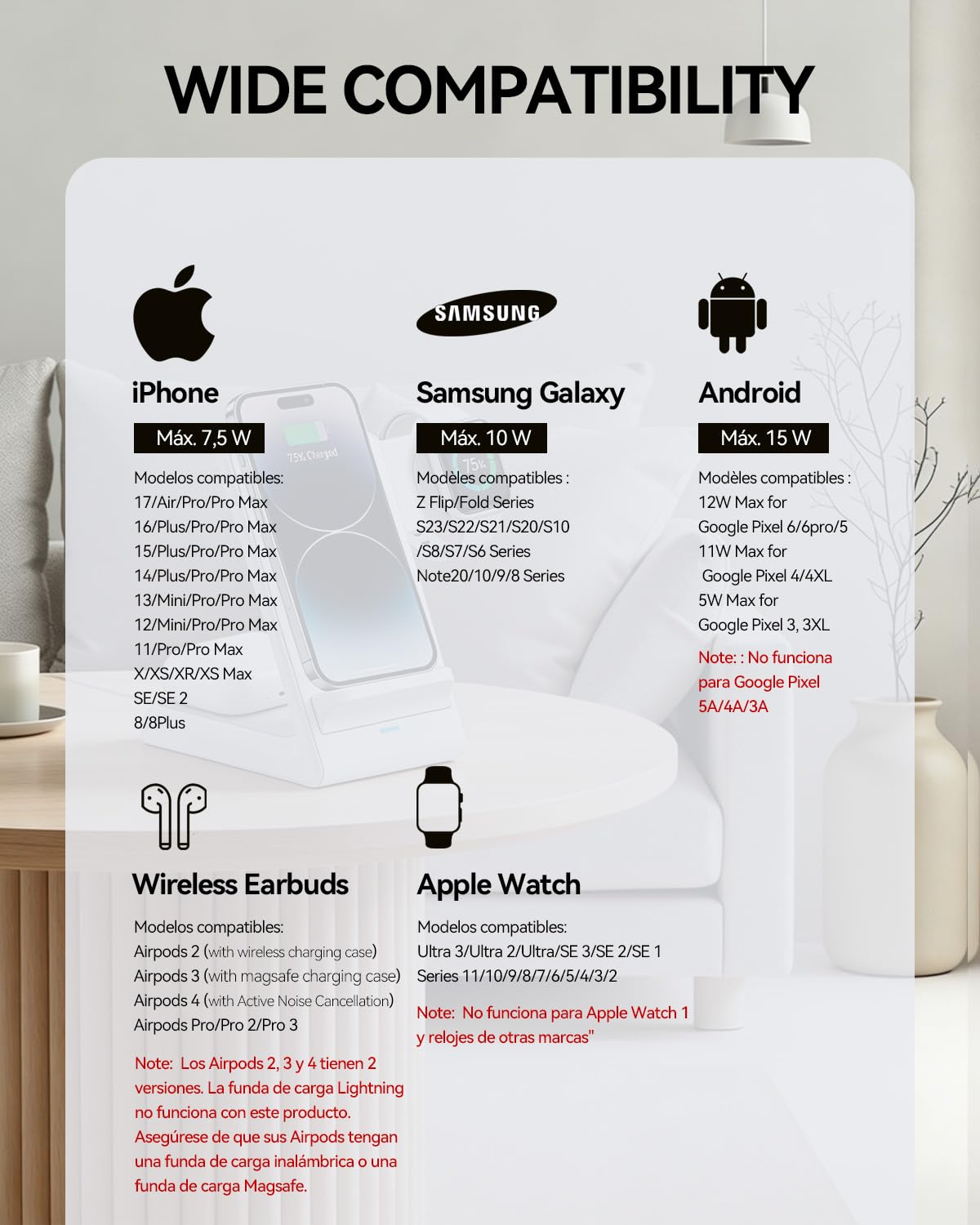 Unico Cargador Inalámbrico 3 en 1 Portátil Rápido 15W con Cable sin Cargador para iPhone 17/16/15/14/13/12 para AirPods para Apple Watch Ultra/SE (Adaptador no Incluido)